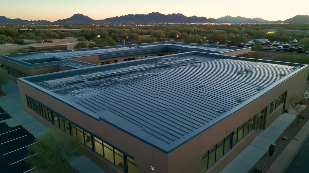 A commercial roof on a school in a location similar to Phoenix with an illuminated nightscape aesthetic (AI image)