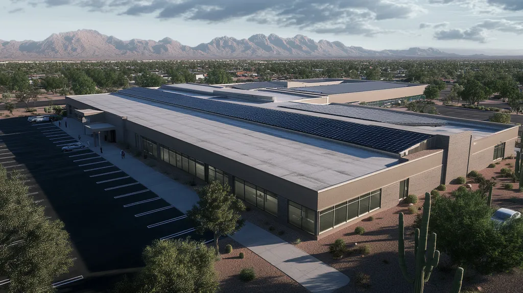 A commercial roof on a school in a location similar to Phoenix with an illuminated nightscape aesthetic (AI image)