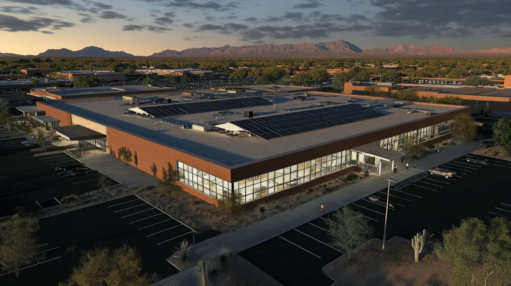A commercial roof on a school in a location similar to Phoenix with an illuminated nightscape aesthetic (AI image)