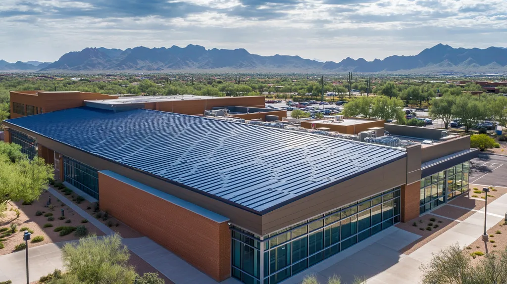 A commercial roof on a school in a location similar to Phoenix with a light beams aesthetic (AI image)