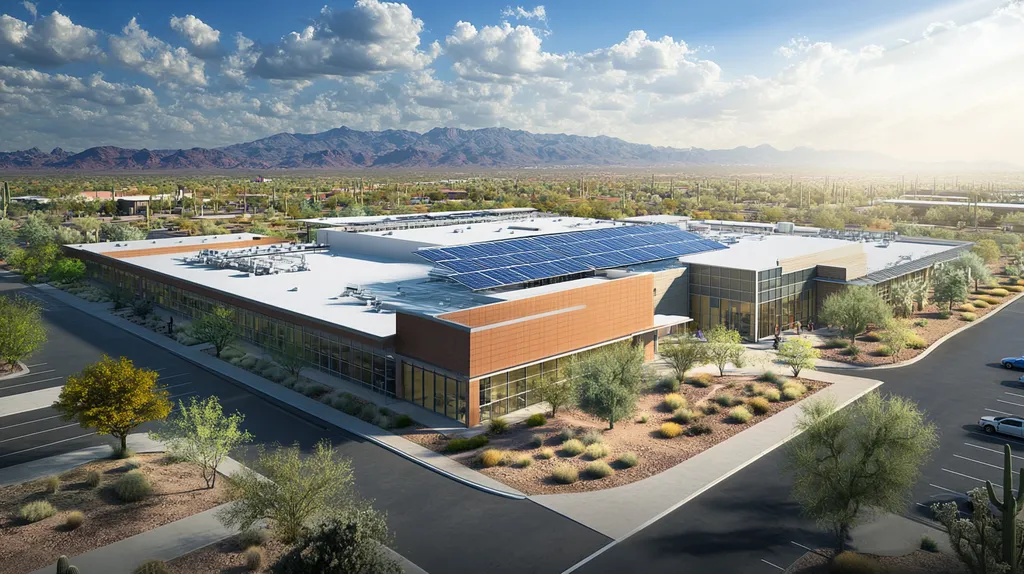 A commercial roof on a school in a location similar to Phoenix with a light beams aesthetic (AI image)