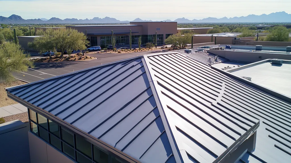 A commercial roof on a school in a location similar to Phoenix with a stainless steel aesthetic (AI image)