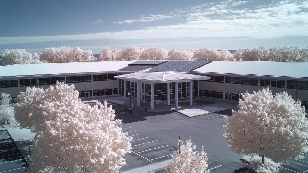 A commercial roof on a school in a location similar to Portland, Maine with an infrared photography aesthetic (AI image)
