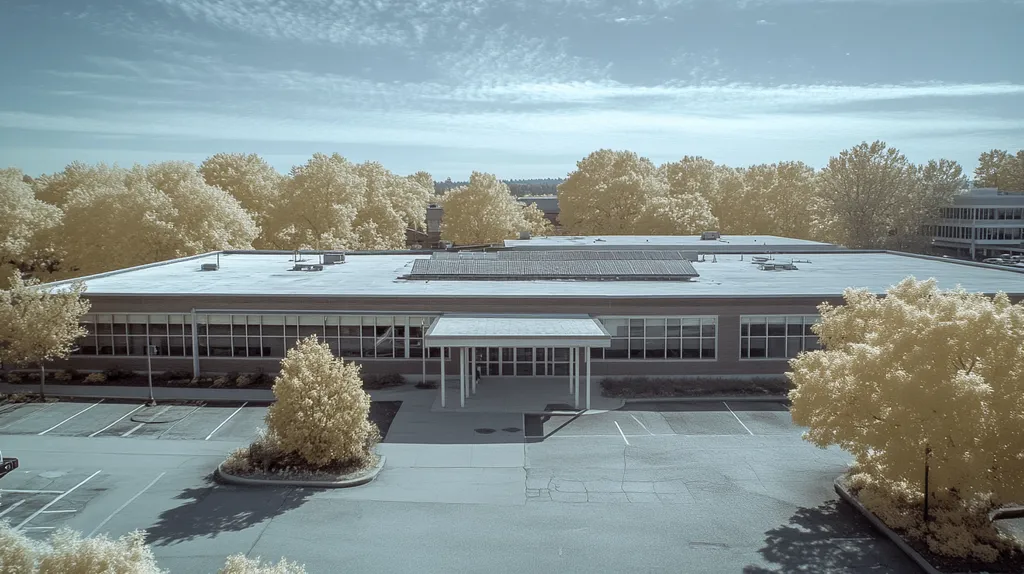 A commercial roof on a school in a location similar to Portland, Maine with an infrared photography aesthetic (AI image)