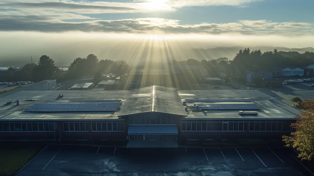 A commercial roof on a school in a location similar to Portland, Maine with a light beams aesthetic (AI image)