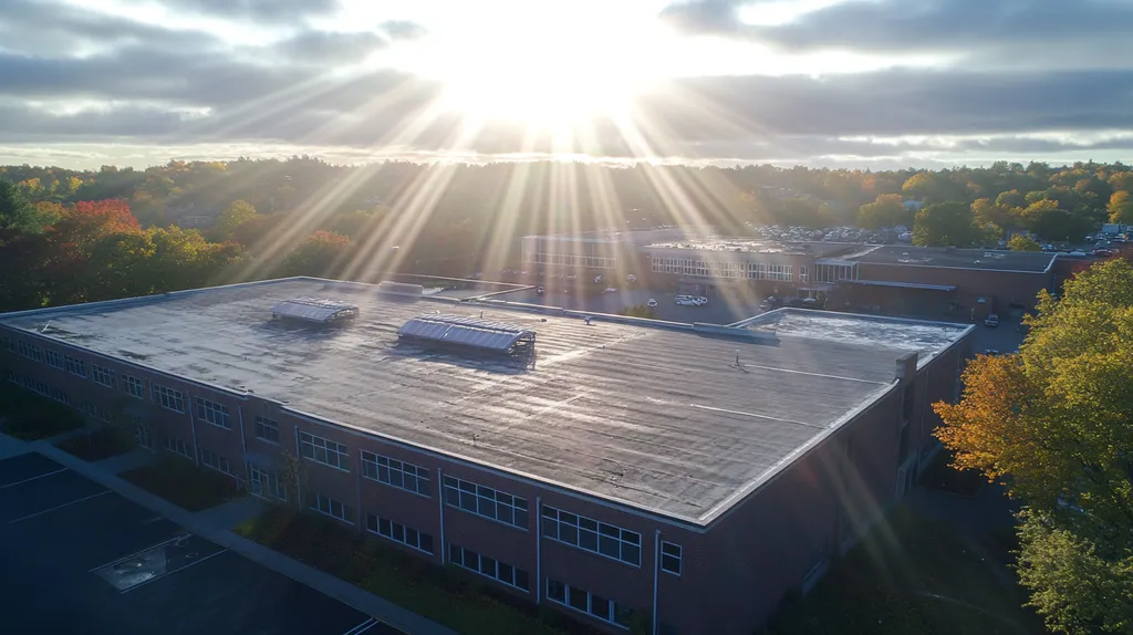 A commercial roof on a school in a location similar to Portland, Maine with a light beams aesthetic (AI image)