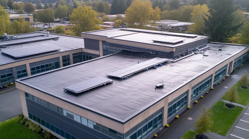 A commercial roof on a school in a location similar to Portland with a rainy day aesthetic (AI image)