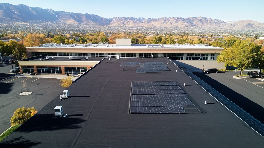 A commercial roof on a school in a location similar to Salt Lake City with a comic book style aesthetic (AI image)