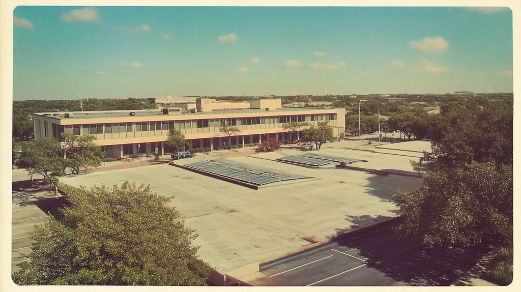 A commercial roof on a school in a location similar to San Antonio with a Polaroid aesthetic (AI image)