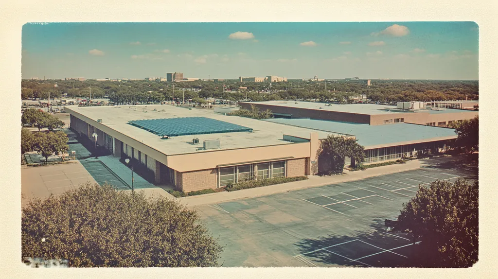 A commercial roof on a school in a location similar to San Antonio with a Polaroid aesthetic (AI image)