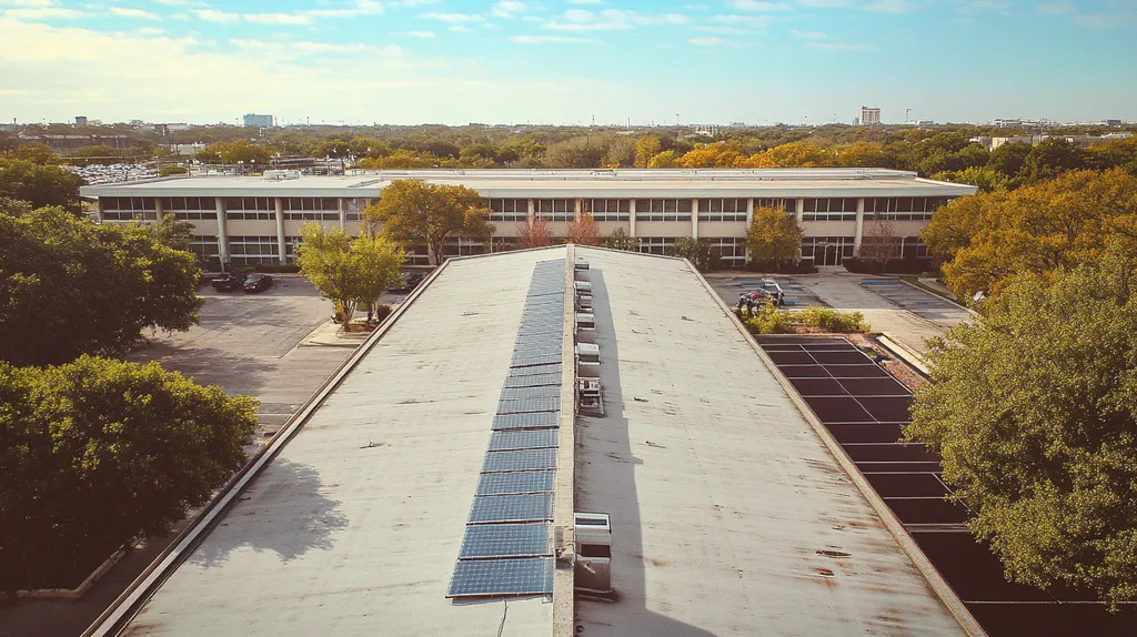A commercial roof on a school in a location similar to San Antonio with a Polaroid aesthetic (AI image)