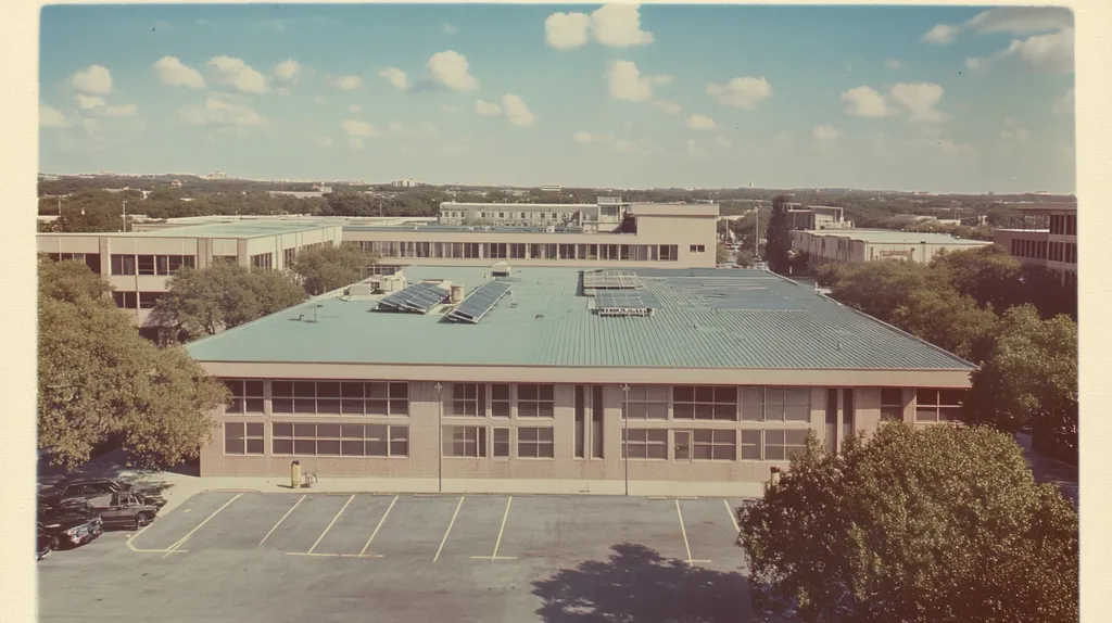 A commercial roof on a school in a location similar to San Antonio with a Polaroid aesthetic (AI image)