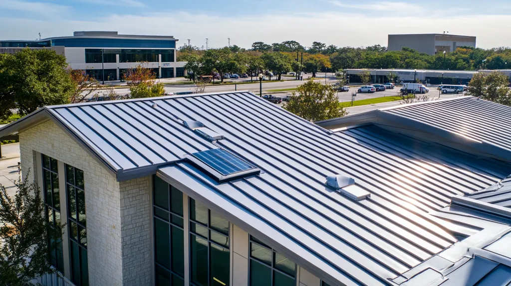 A commercial roof on a school in a location similar to San Antonio with a stainless steel aesthetic (AI image)