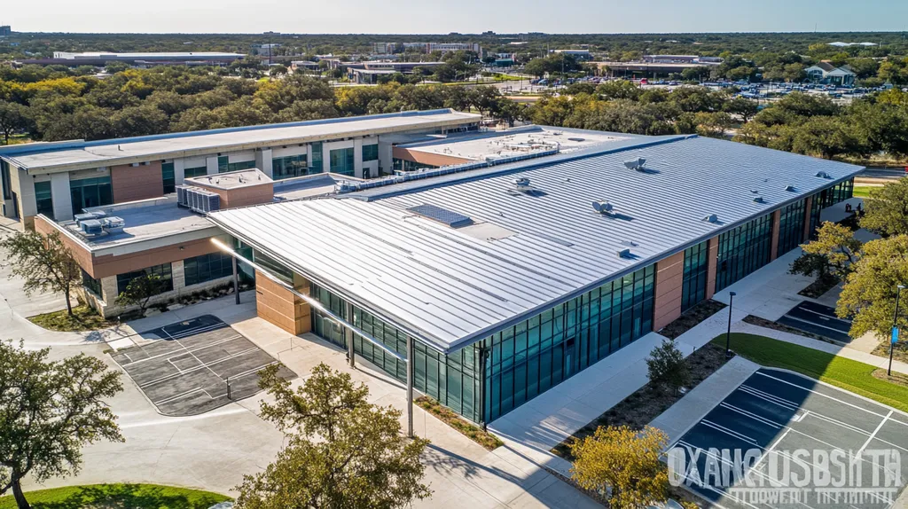 A commercial roof on a school in a location similar to San Antonio with a stainless steel aesthetic (AI image)