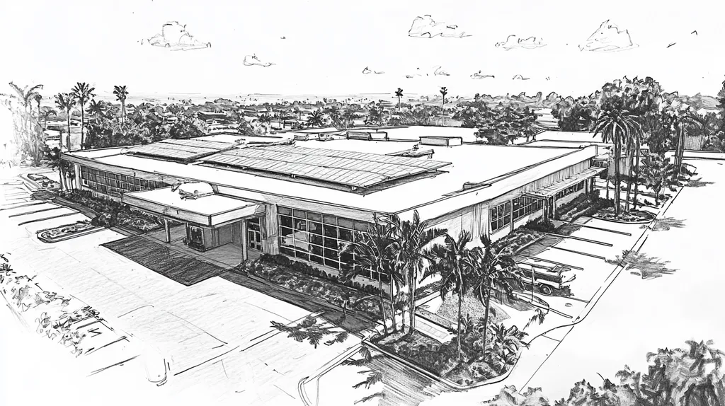 A commercial roof on a school in a location similar to San Diego with a charcoal sketch aesthetic (AI image)