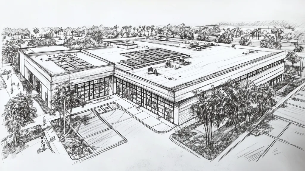 A commercial roof on a school in a location similar to San Diego with a charcoal sketch aesthetic (AI image)