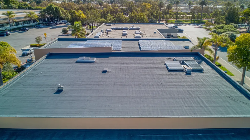 A commercial roof on a school in a location similar to San Diego with a cross-processed look aesthetic (AI image)