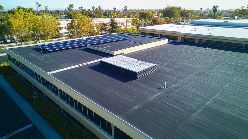 A commercial roof on a school in a location similar to San Diego with a cross-processed look aesthetic (AI image)