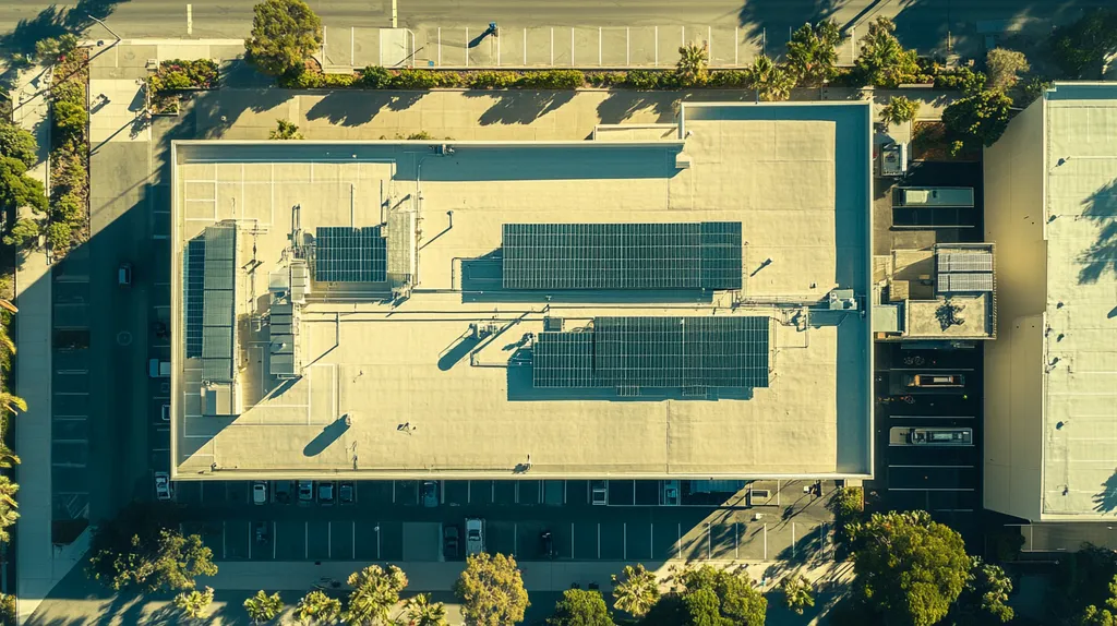 A commercial roof on a school in a location similar to San Diego with a cross-processed look aesthetic (AI image)