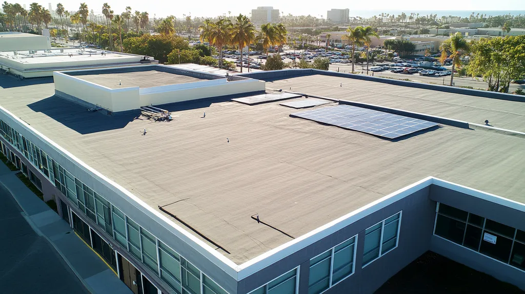 A commercial roof on a school in a location similar to San Diego with an urban context aesthetic (AI image)