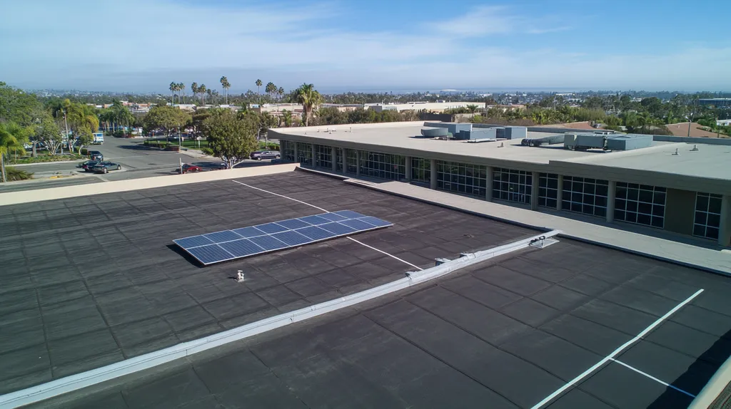 A commercial roof on a school in a location similar to San Diego with an urban context aesthetic (AI image)