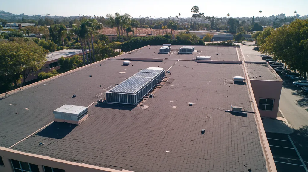 A commercial roof on a school in a location similar to San Diego with an urban context aesthetic (AI image)