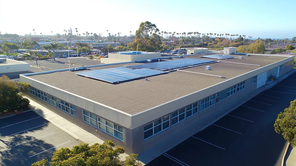 A commercial roof on a school in a location similar to San Diego with an urban context aesthetic (AI image)
