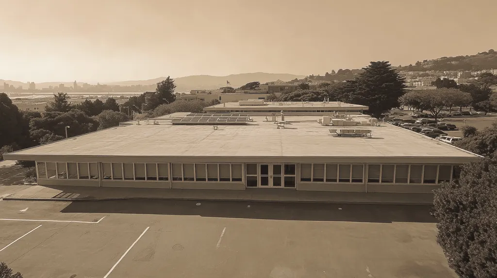 A commercial roof on a school in a location similar to San Francisco with an architectural sketch rendering aesthetic (AI image)