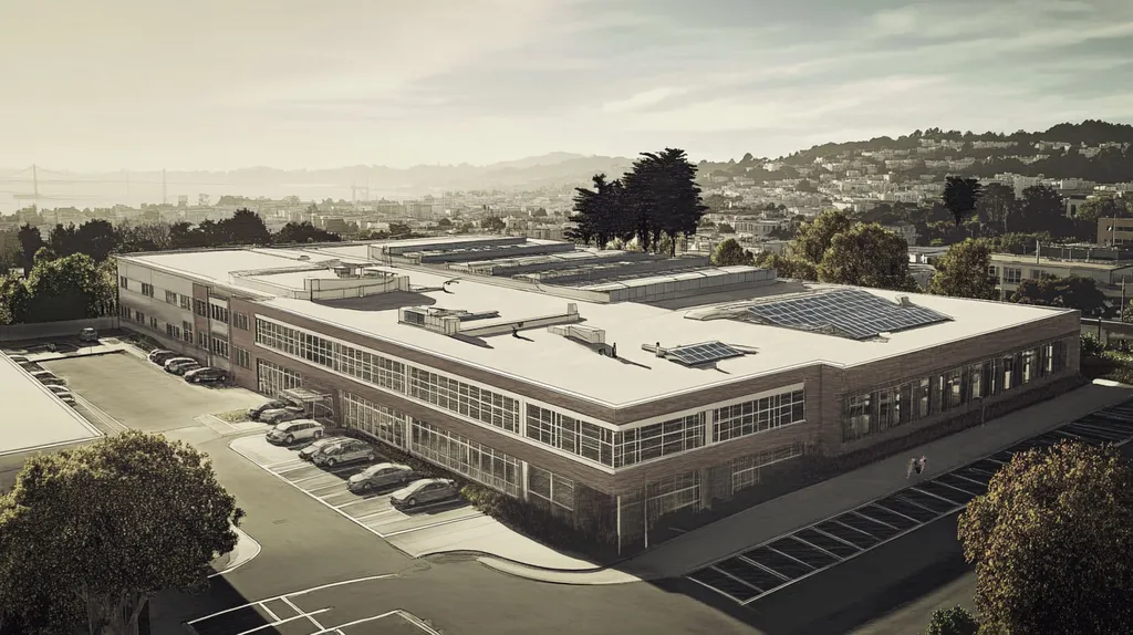 A commercial roof on a school in a location similar to San Francisco with an architectural sketch rendering aesthetic (AI image)