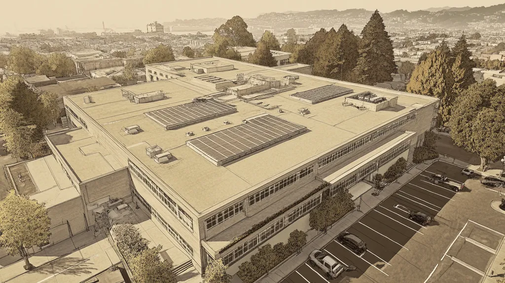 A commercial roof on a school in a location similar to San Francisco with an architectural sketch rendering aesthetic (AI image)