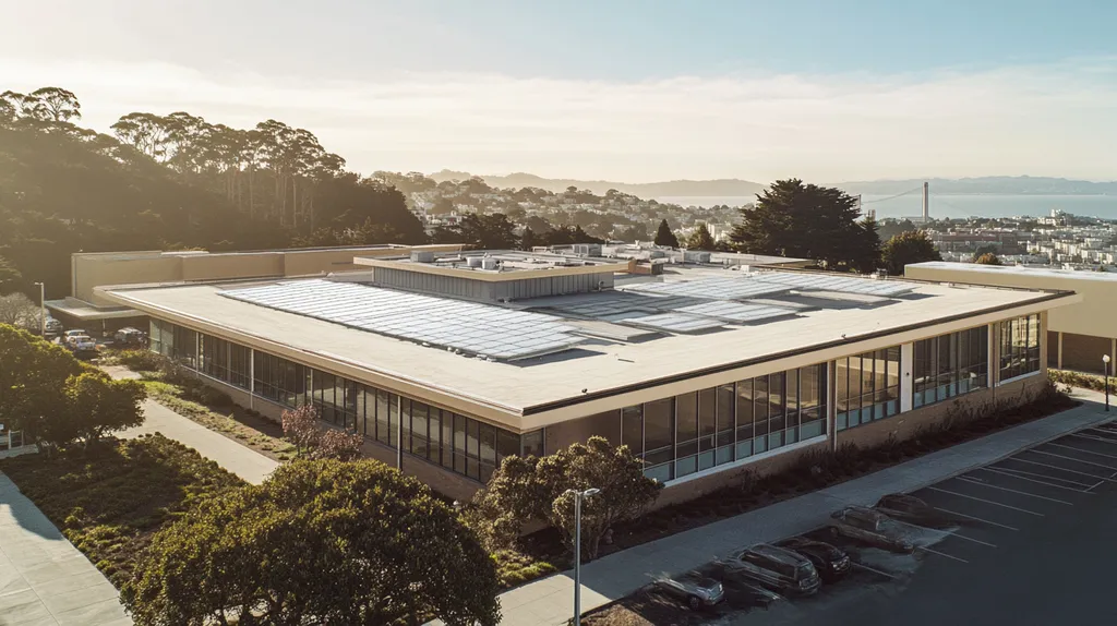 A commercial roof on a school in a location similar to San Francisco with an architectural sketch rendering aesthetic (AI image)