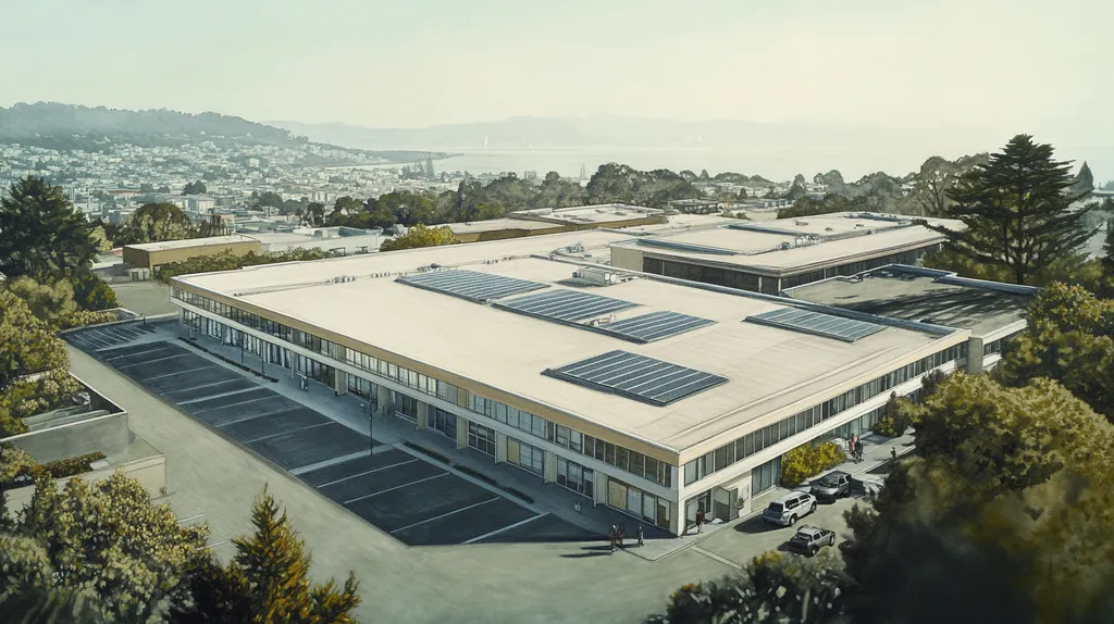 A commercial roof on a school in a location similar to San Francisco with a charcoal sketch aesthetic (AI image)