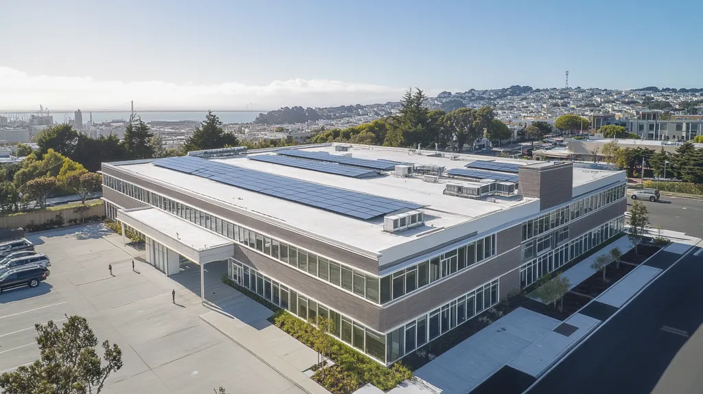 A commercial roof on a school in a location similar to San Francisco with a charcoal sketch aesthetic (AI image)