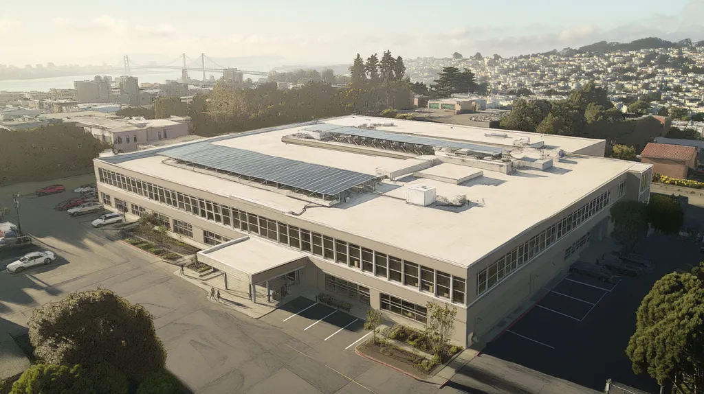 A commercial roof on a school in a location similar to San Francisco with a charcoal sketch aesthetic (AI image)