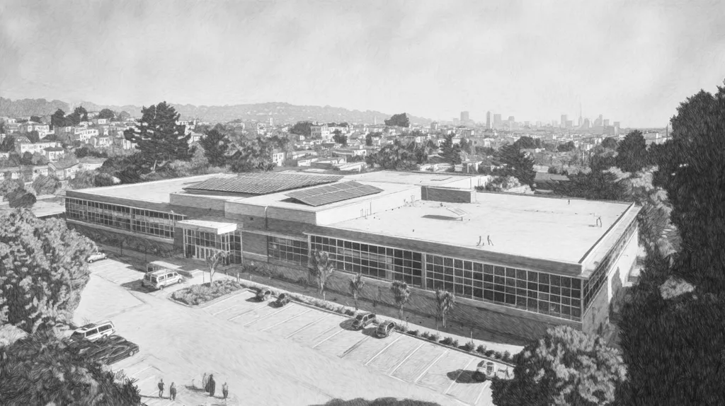 A commercial roof on a school in a location similar to San Francisco with a charcoal sketch aesthetic (AI image)