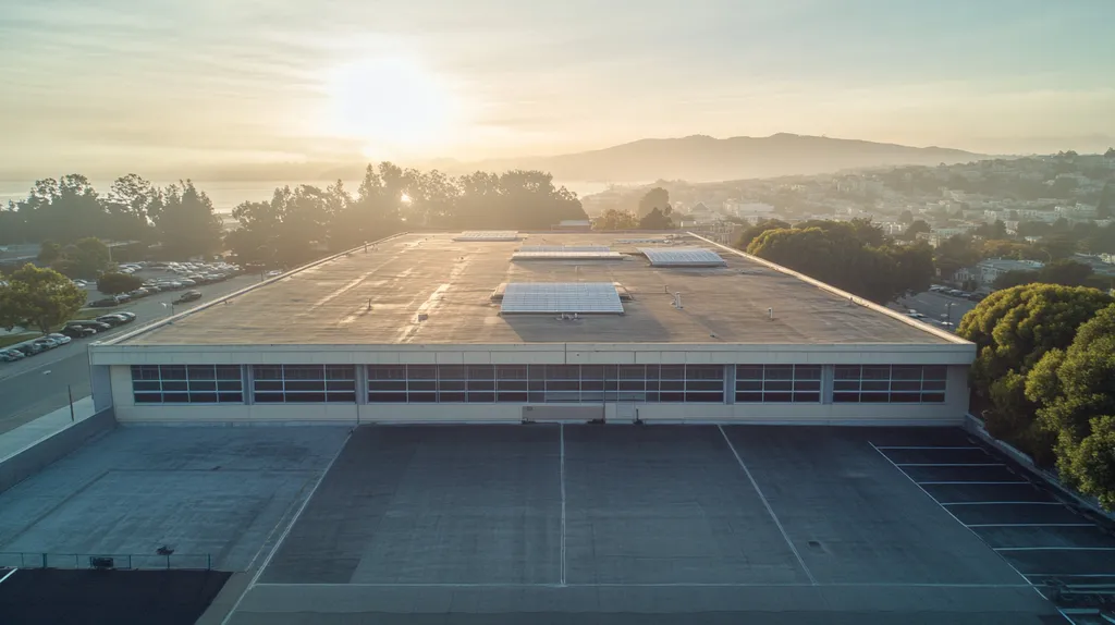 A commercial roof on a school in a location similar to San Francisco with a light beams aesthetic (AI image)