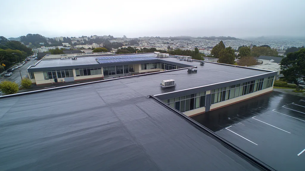A commercial roof on a school in a location similar to San Francisco with a rainy day aesthetic (AI image)