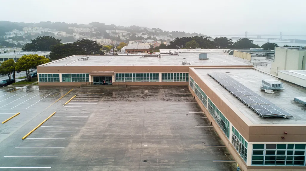 A commercial roof on a school in a location similar to San Francisco with a rainy day aesthetic (AI image)