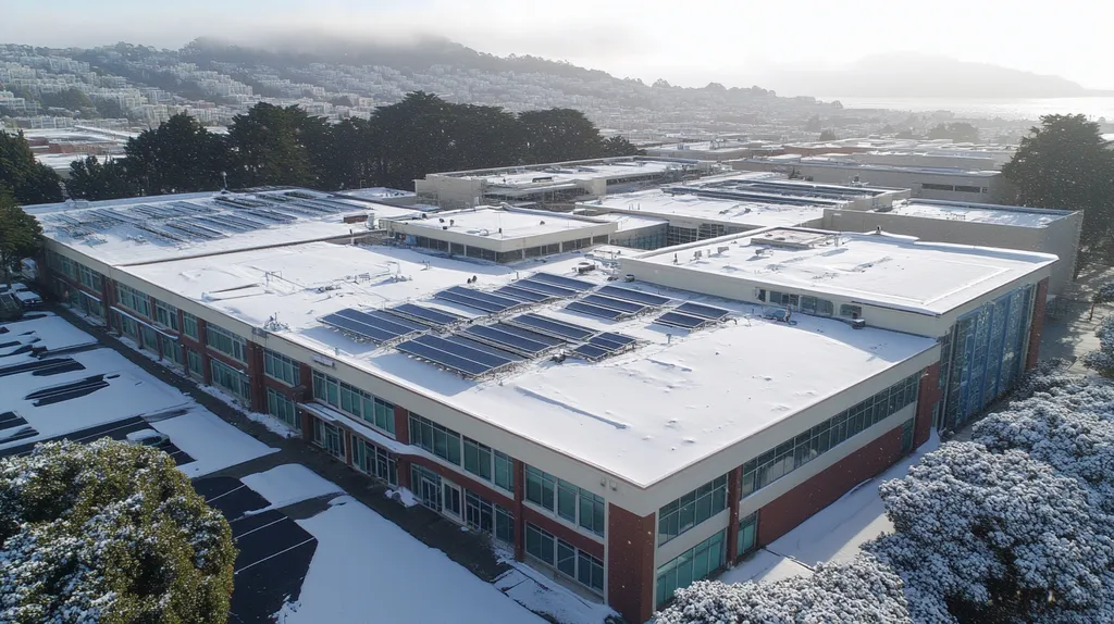 A commercial roof on a school in a location similar to San Francisco with a snowy day aesthetic (AI image)