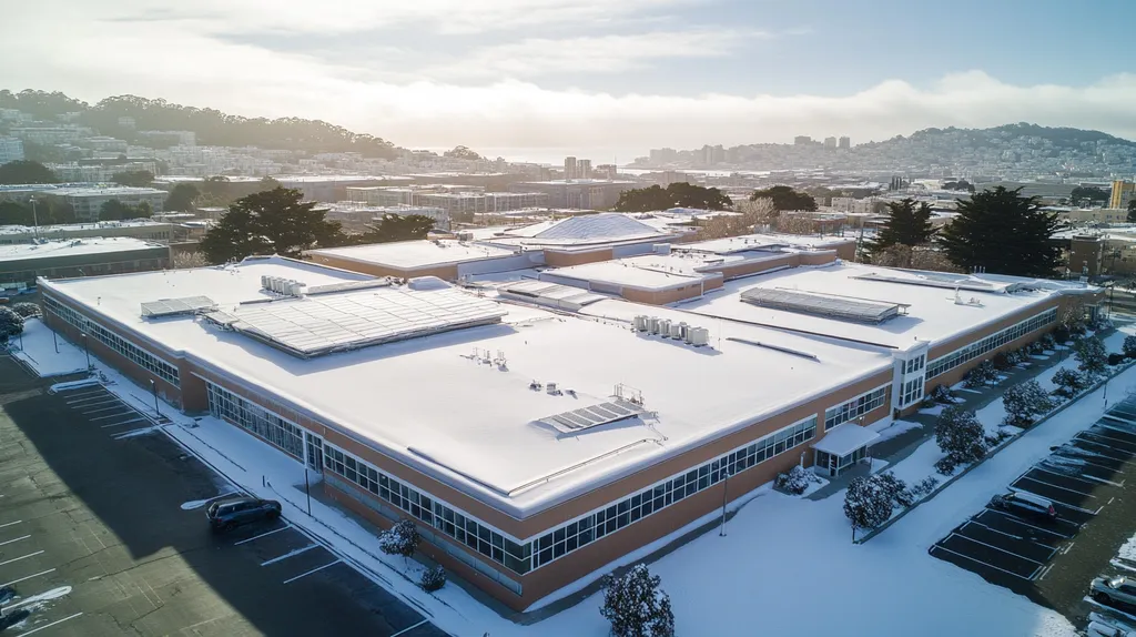 A commercial roof on a school in a location similar to San Francisco with a snowy day aesthetic (AI image)