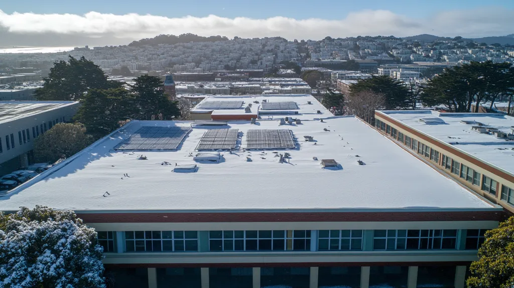 A commercial roof on a school in a location similar to San Francisco with a snowy day aesthetic (AI image)
