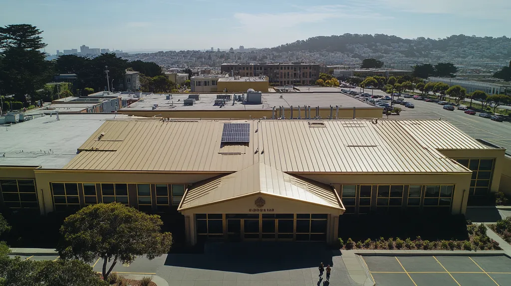 A commercial roof on a school in a location similar to San Francisco with a solid gold aesthetic (AI image)