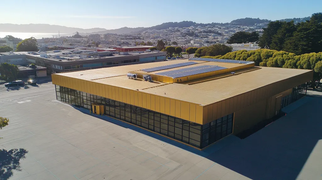 A commercial roof on a school in a location similar to San Francisco with a solid gold aesthetic (AI image)