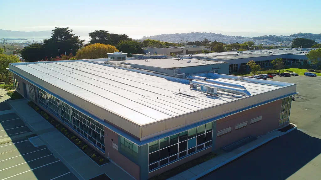 A commercial roof on a school in a location similar to San Francisco with a stainless steel aesthetic (AI image)