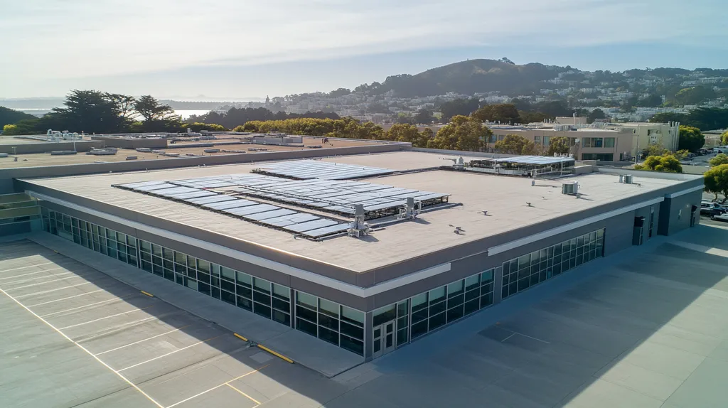 A commercial roof on a school in a location similar to San Francisco with a stainless steel aesthetic (AI image)