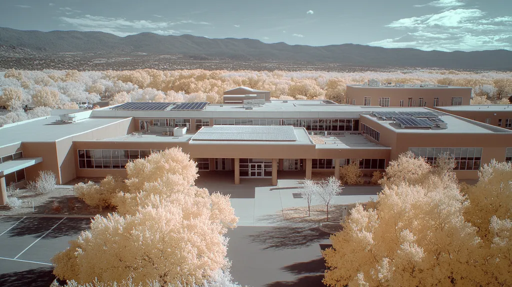 A commercial roof on a school in a location similar to Santa Fe with an infrared photography aesthetic (AI image)