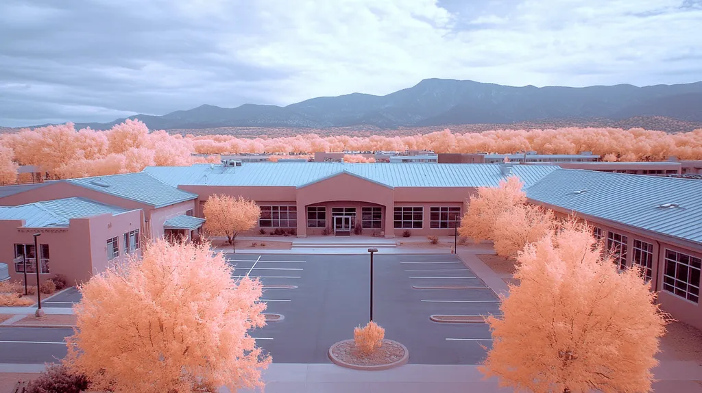 A commercial roof on a school in a location similar to Santa Fe with an infrared photography aesthetic (AI image)
