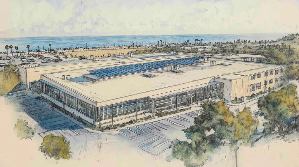 A commercial roof on a school in a location similar to Santa Monica with a charcoal sketch aesthetic (AI image)