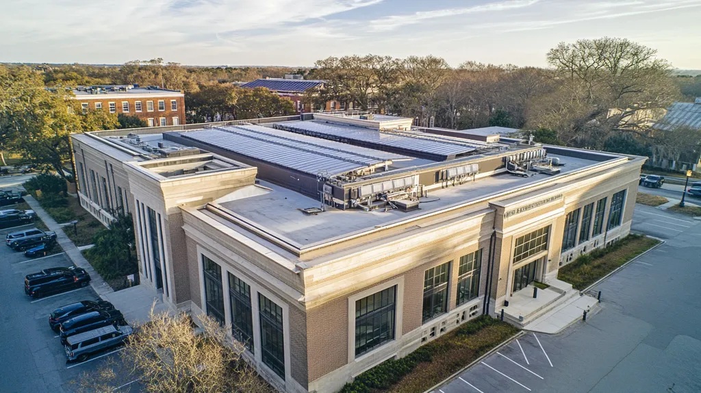 A commercial roof on a school in a location similar to Savannah with an architectural photography aesthetic (AI image)