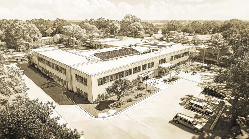 A commercial roof on a school in a location similar to Savannah with an architectural sketch rendering aesthetic (AI image)
